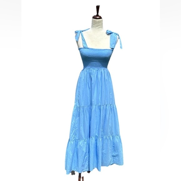 Xirena Lorraine Smocked Tiered Cotton Midi Dress Blue Cottage Prairie Summer XS - Picture 3 of 8